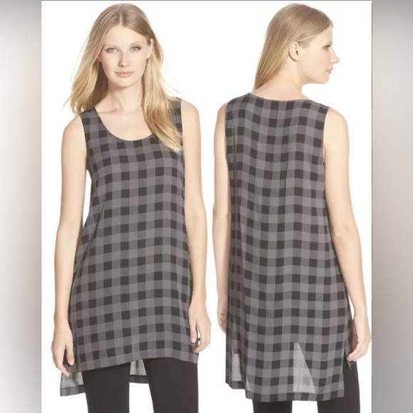 Eileen Fisher Dresses & Skirts - EILEEN FISHER Silk Buffalo Check Printed Tunic Dress Sleeveless Black Grey Small